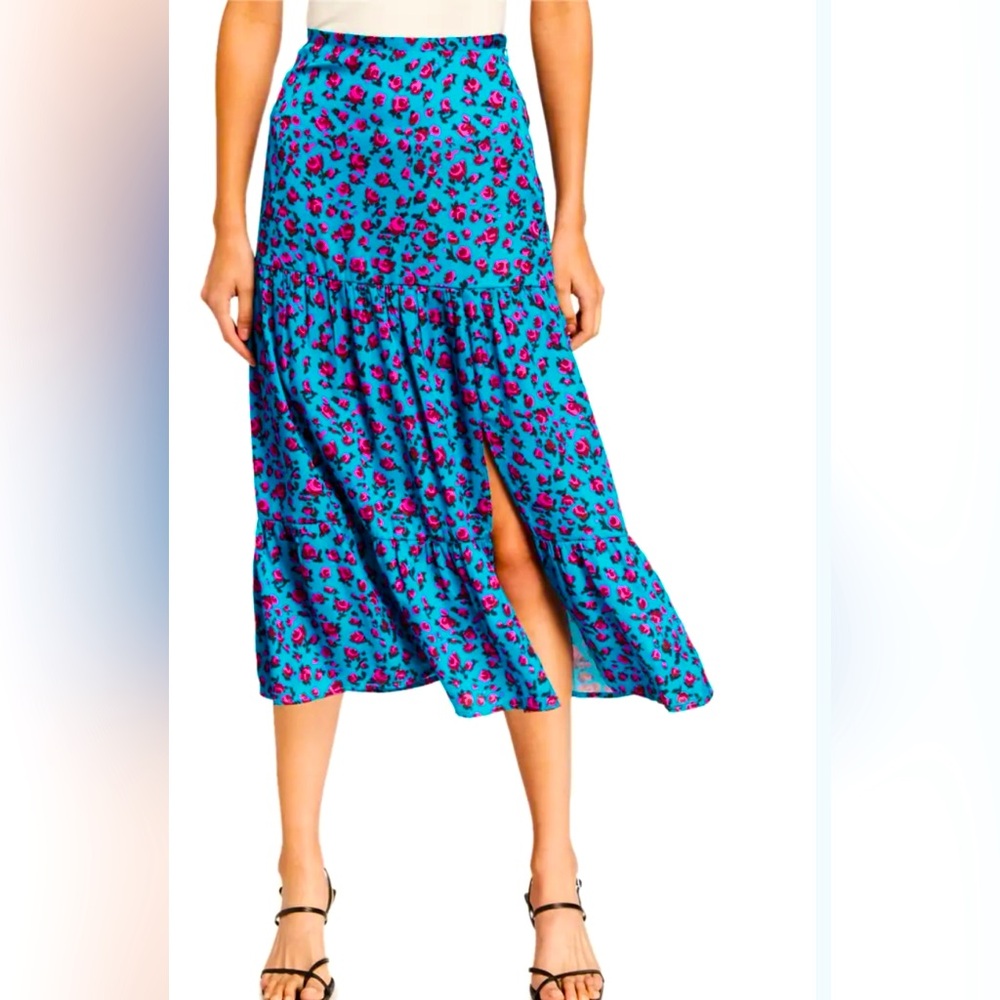 Paige Bestia Floral Print Tiered Teal With Magneta Flowers Midi Skirt